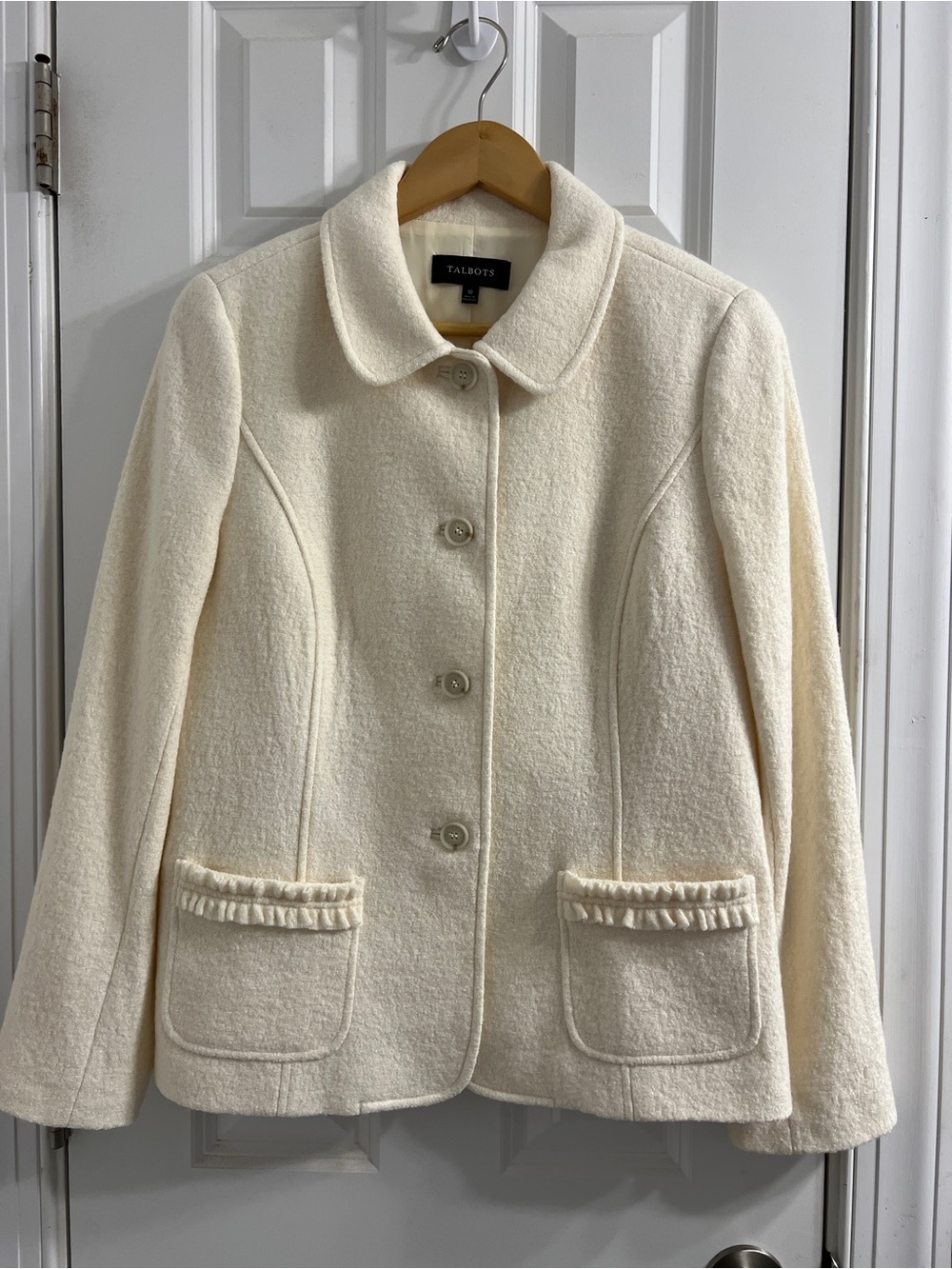 Hello Gorgeous! Talbots Cream Ruffle-Pocket Wool Blend Button Jacket Size 10